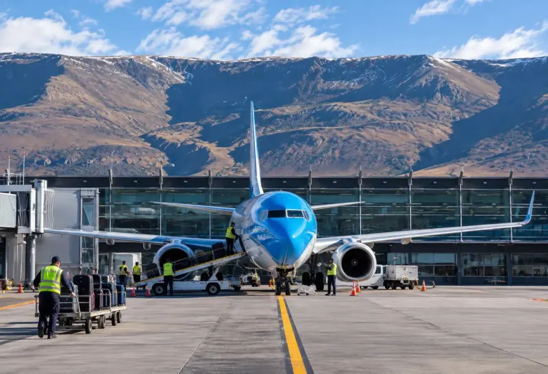 Avión en la plataforma del aeropuerto de El Calafate, con las sierras de fondo